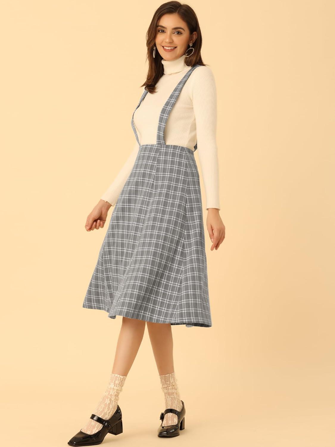 imageAllegra K Womens Plaid Suspender Skirts Vintage Tartan High Waist ALine Midi Overall SkirtGrey