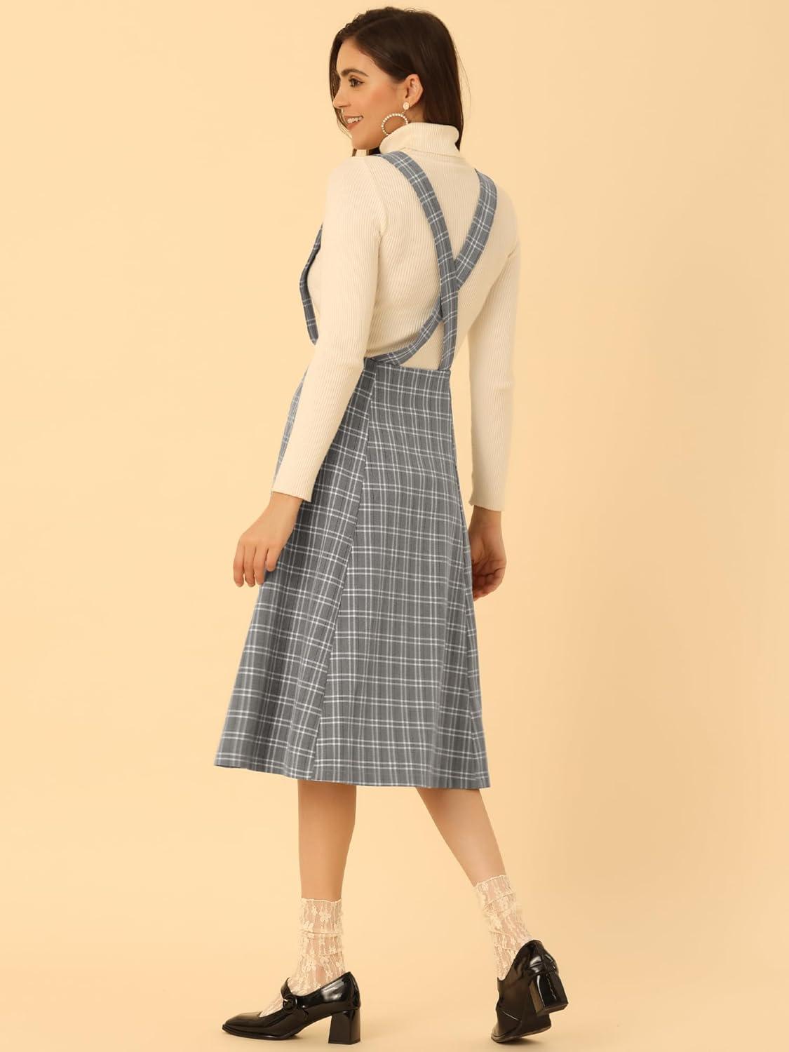 imageAllegra K Womens Plaid Suspender Skirts Vintage Tartan High Waist ALine Midi Overall SkirtGrey