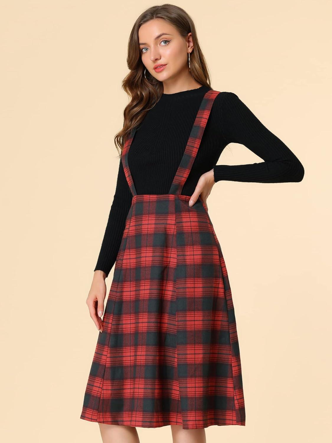 imageAllegra K Womens Plaid Suspender Skirts Vintage Tartan High Waist ALine Midi Overall SkirtRed Plaid