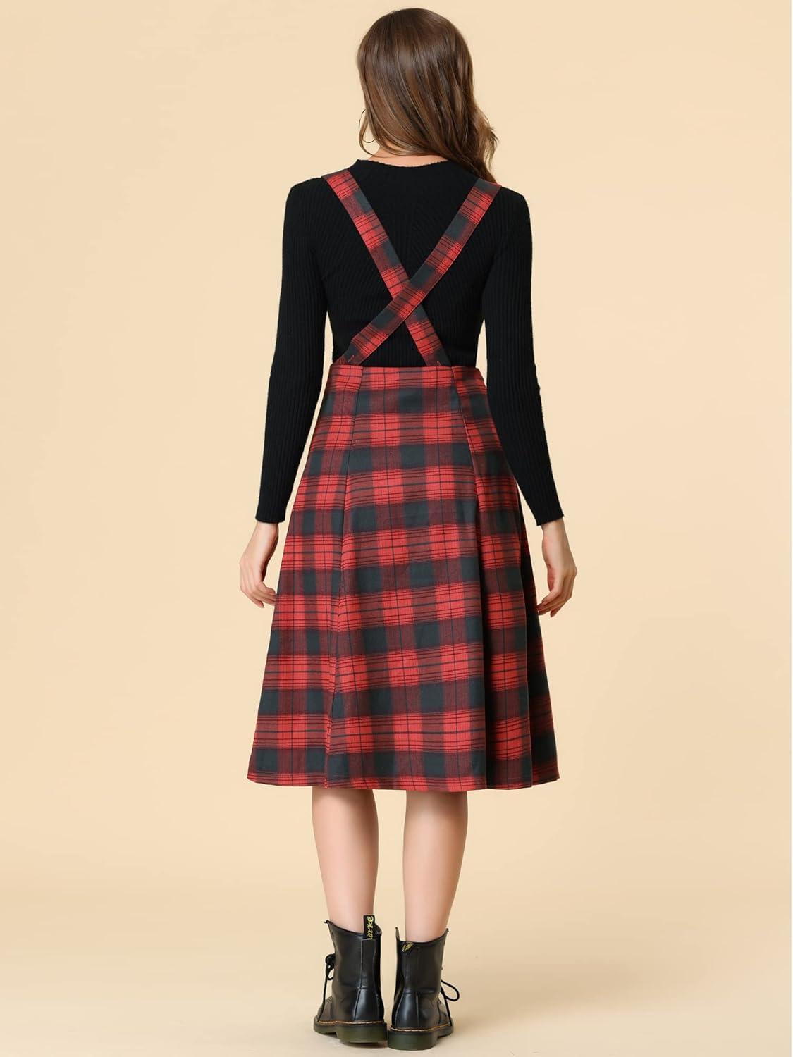 imageAllegra K Womens Plaid Suspender Skirts Vintage Tartan High Waist ALine Midi Overall SkirtRed Plaid