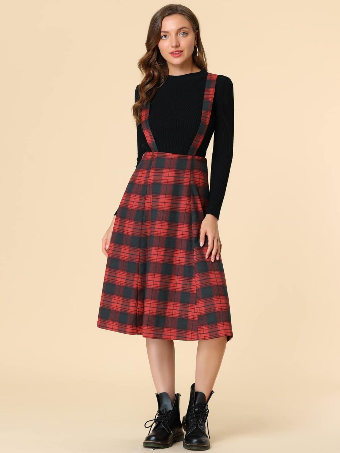 imageAllegra K Womens Plaid Suspender Skirts Vintage Tartan High Waist ALine Midi Overall SkirtRed Plaid