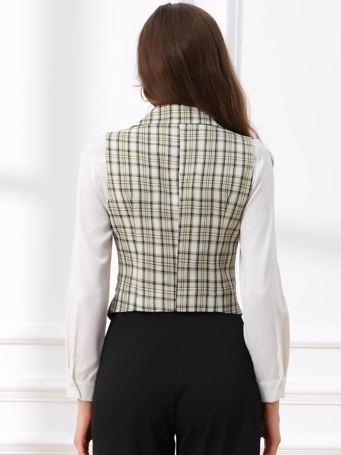 imageAllegra K Womens Plaid Waistcoat Notched Lapel Collar Single Breasted Vintage VestBeige White