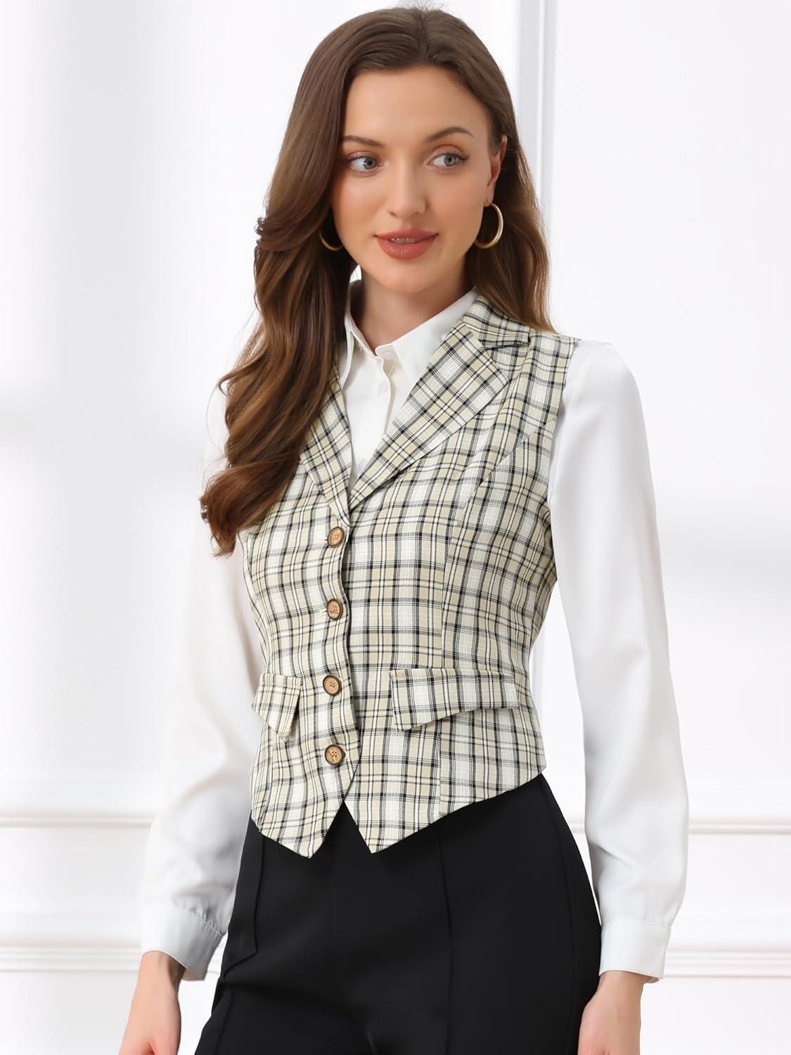 imageAllegra K Womens Plaid Waistcoat Notched Lapel Collar Single Breasted Vintage VestBeige White