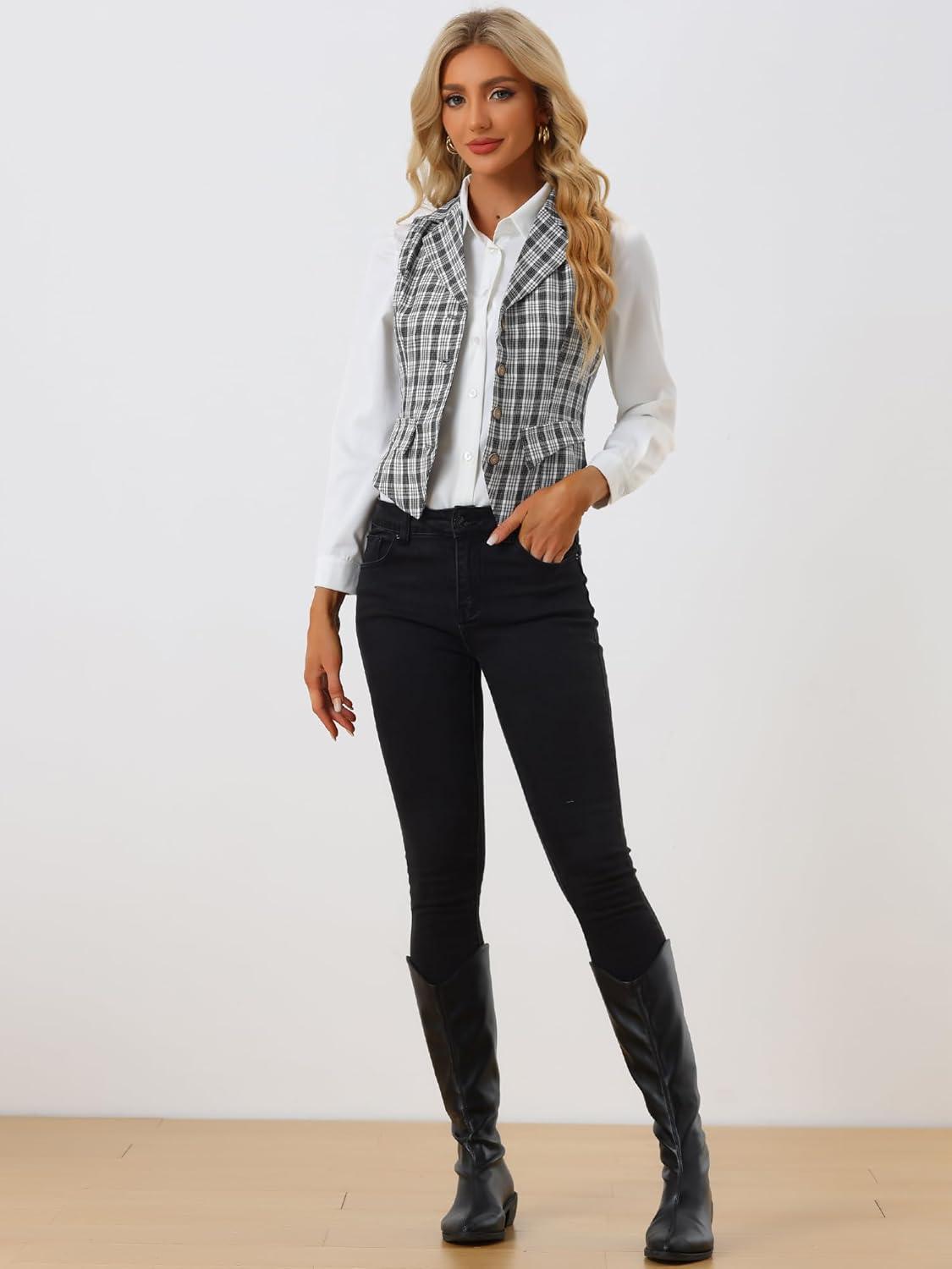 imageAllegra K Womens Plaid Waistcoat Notched Lapel Collar Single Breasted Vintage VestBlack