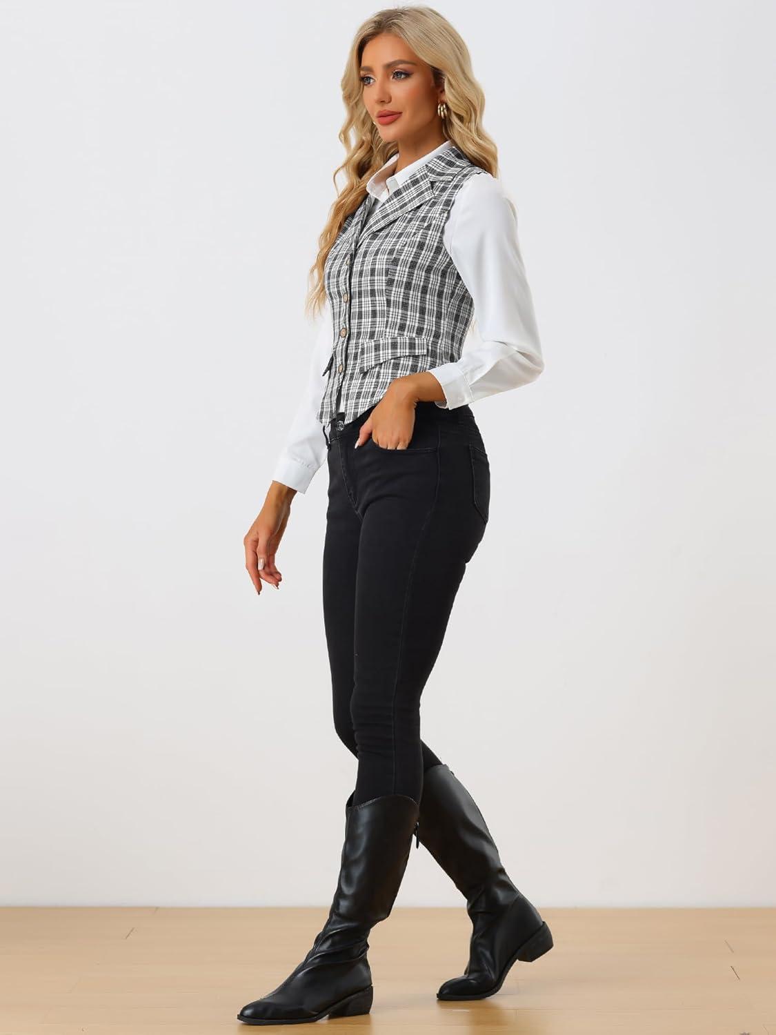 imageAllegra K Womens Plaid Waistcoat Notched Lapel Collar Single Breasted Vintage VestBlack