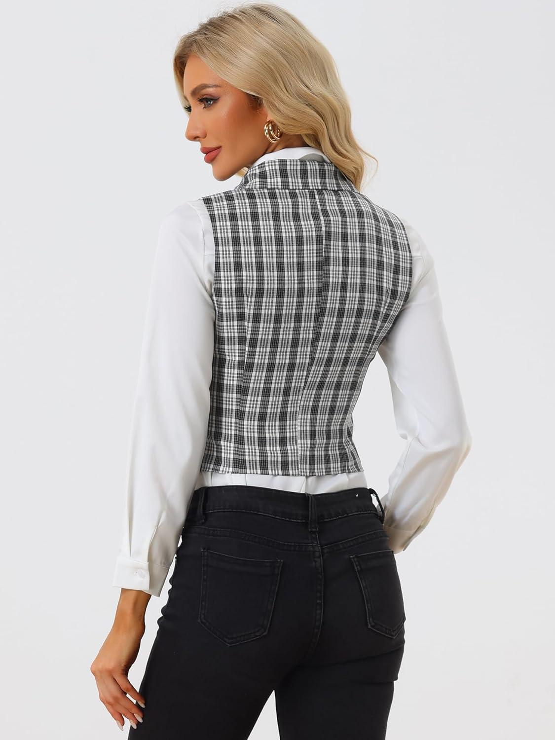 imageAllegra K Womens Plaid Waistcoat Notched Lapel Collar Single Breasted Vintage VestBlack