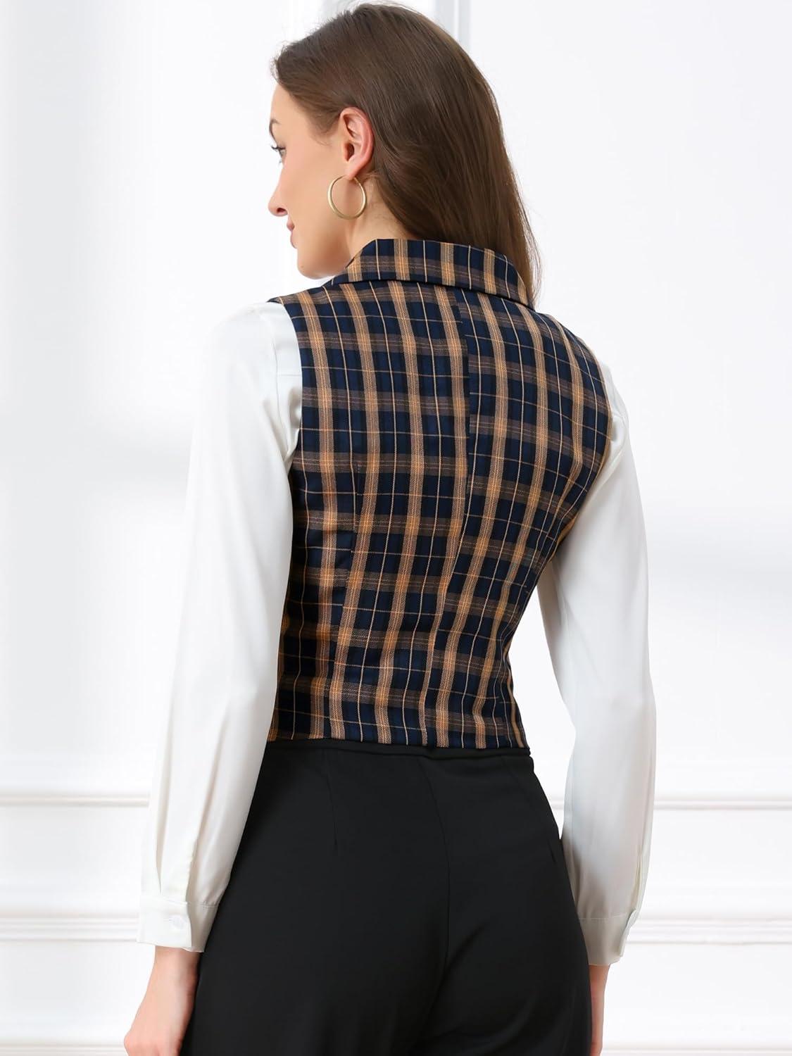 imageAllegra K Womens Plaid Waistcoat Notched Lapel Collar Single Breasted Vintage VestBlue Orange