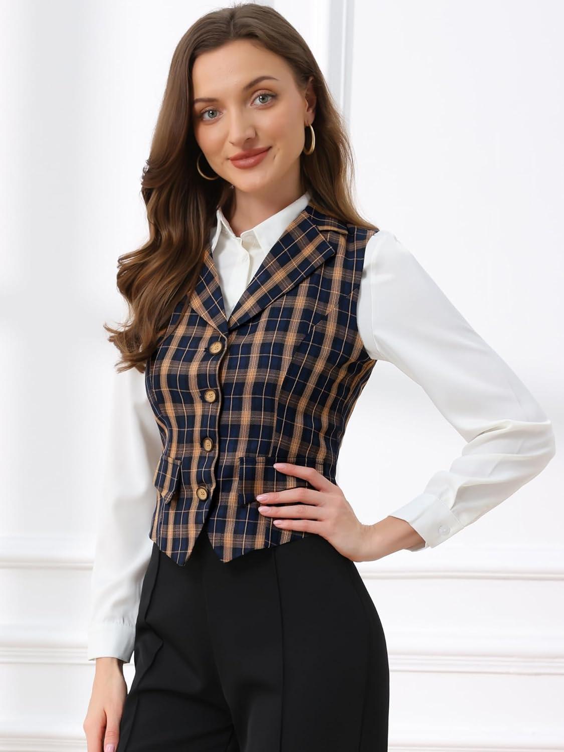 imageAllegra K Womens Plaid Waistcoat Notched Lapel Collar Single Breasted Vintage VestBlue Orange