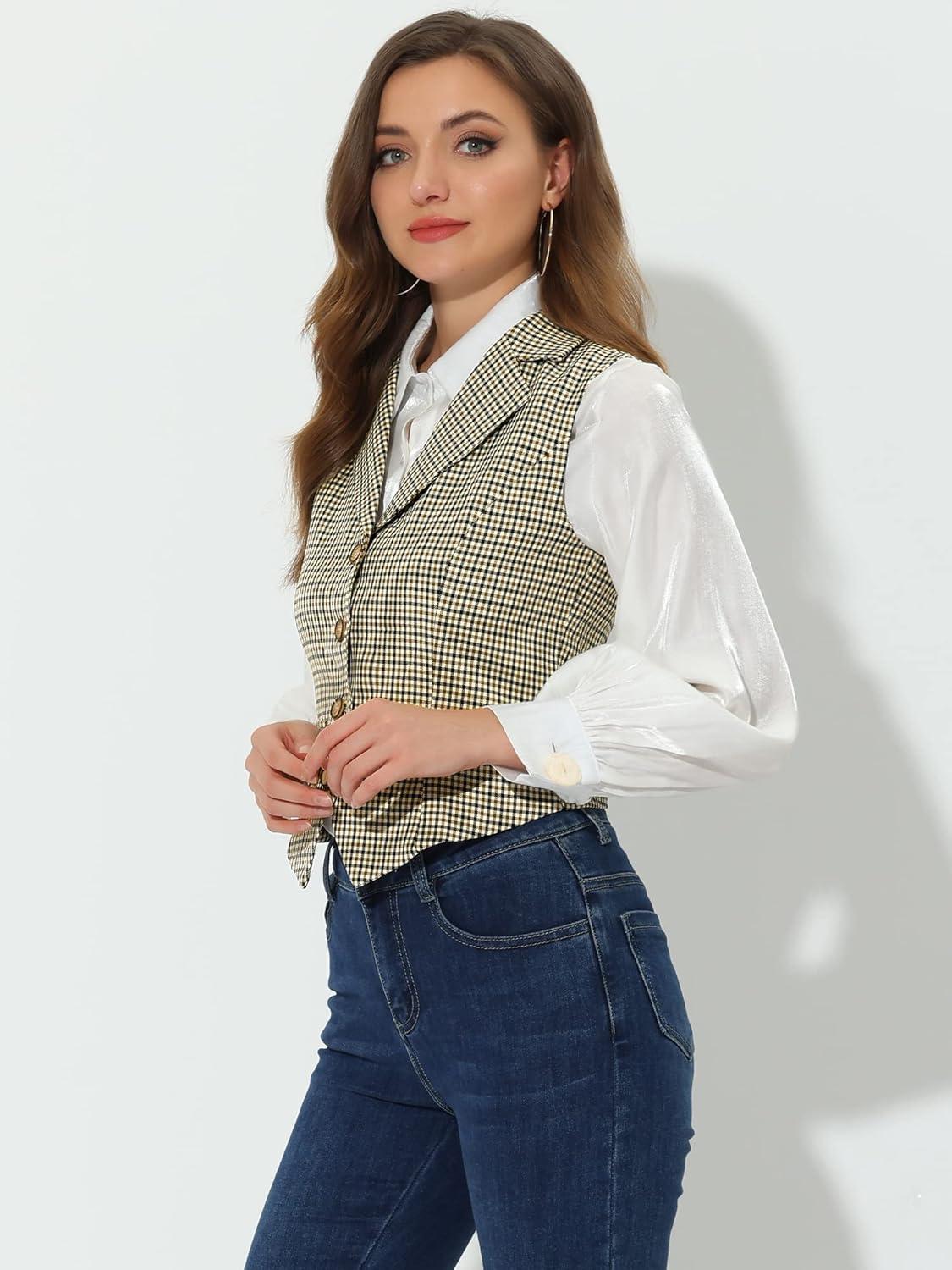 imageAllegra K Womens Plaid Waistcoat Notched Lapel Collar Single Breasted Vintage VestBrown