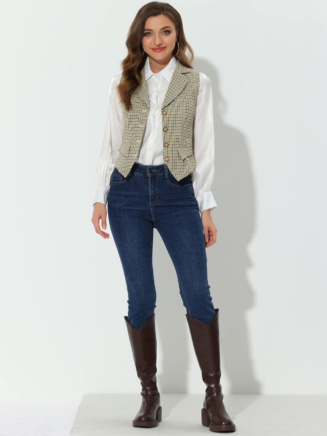 imageAllegra K Womens Plaid Waistcoat Notched Lapel Collar Single Breasted Vintage VestBrown