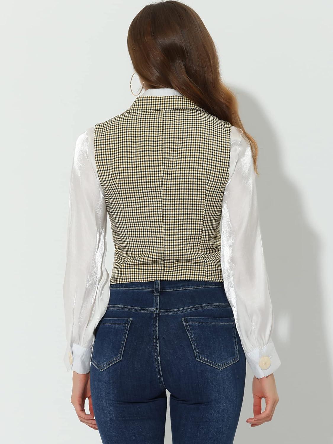 imageAllegra K Womens Plaid Waistcoat Notched Lapel Collar Single Breasted Vintage VestBrown