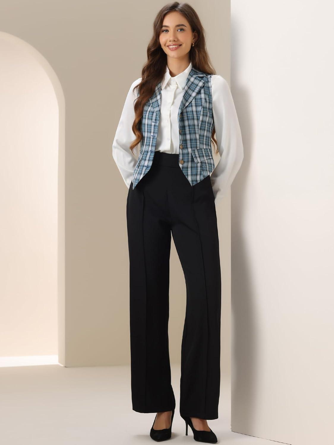 imageAllegra K Womens Plaid Waistcoat Notched Lapel Collar Single Breasted Vintage VestDusty Blue