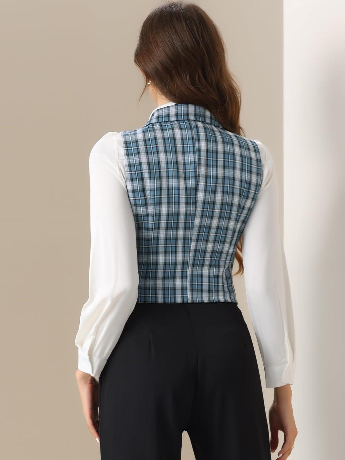 imageAllegra K Womens Plaid Waistcoat Notched Lapel Collar Single Breasted Vintage VestDusty Blue