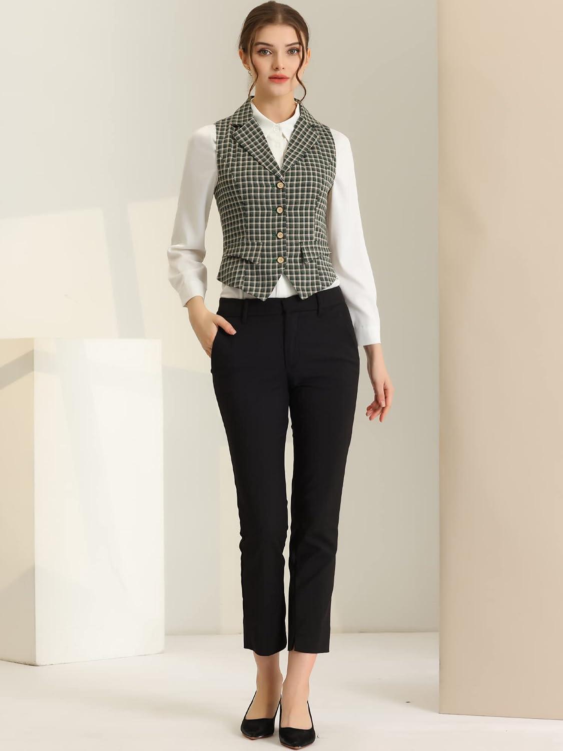 imageAllegra K Womens Plaid Waistcoat Notched Lapel Collar Single Breasted Vintage VestGreen