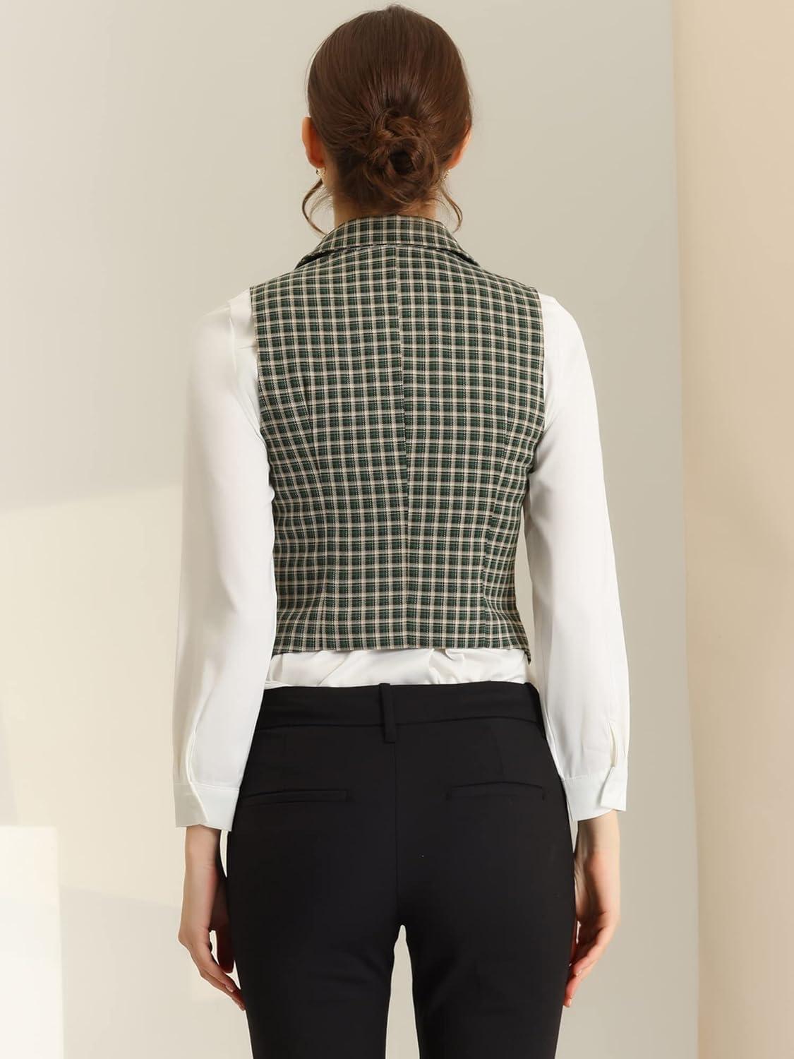 imageAllegra K Womens Plaid Waistcoat Notched Lapel Collar Single Breasted Vintage VestGreen
