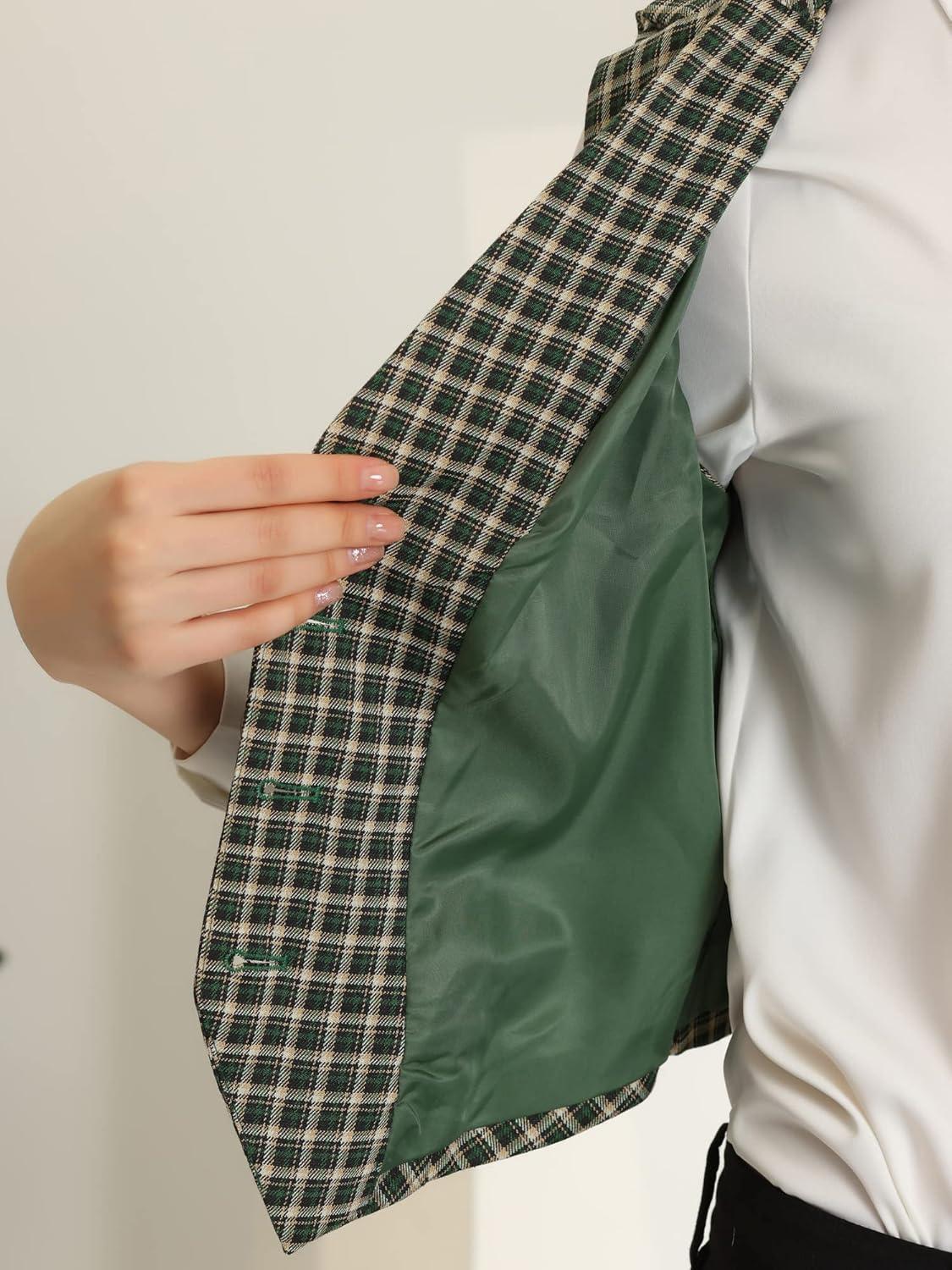 imageAllegra K Womens Plaid Waistcoat Notched Lapel Collar Single Breasted Vintage VestGreen
