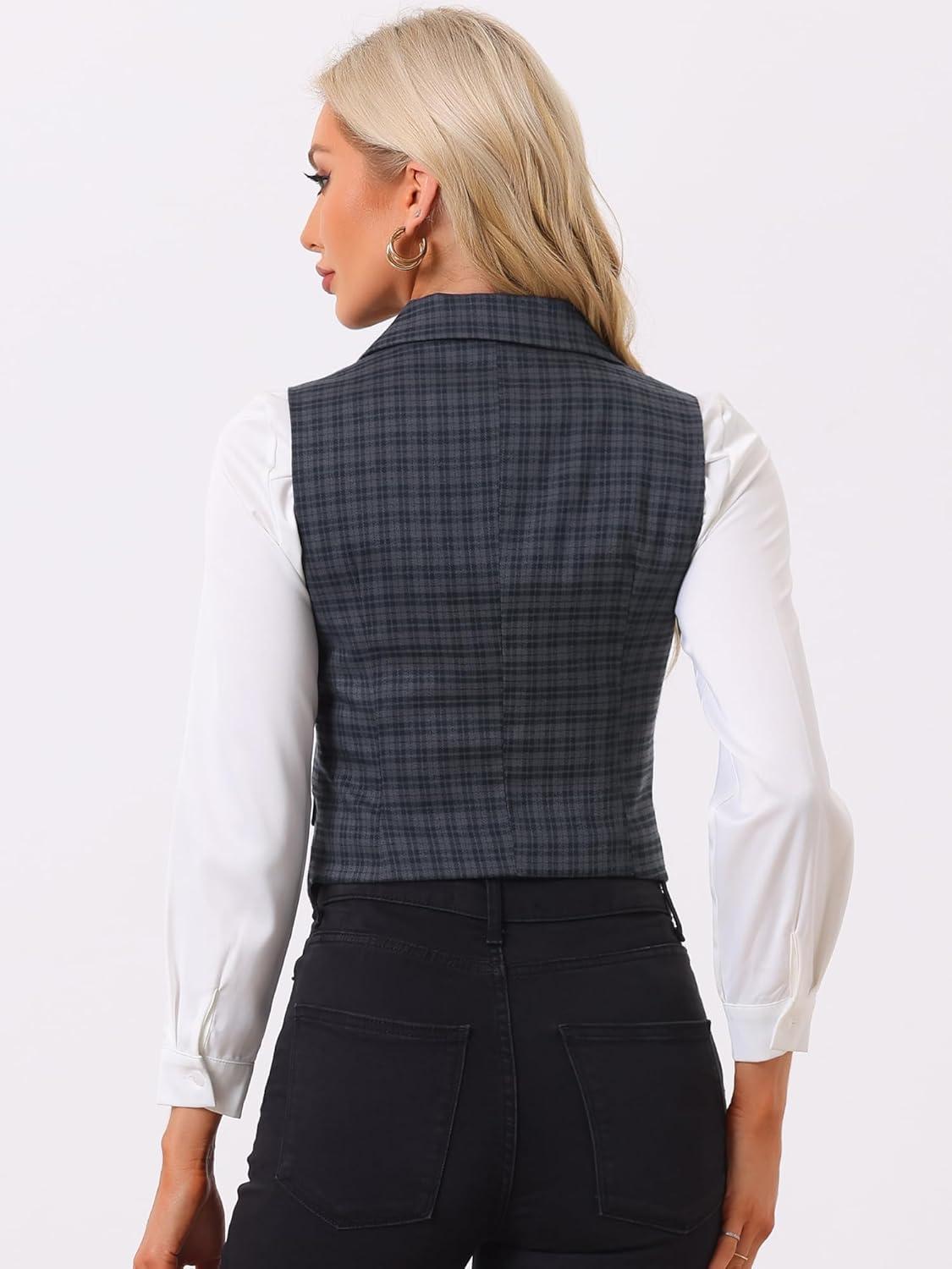 imageAllegra K Womens Plaid Waistcoat Notched Lapel Collar Single Breasted Vintage VestGrey Blue
