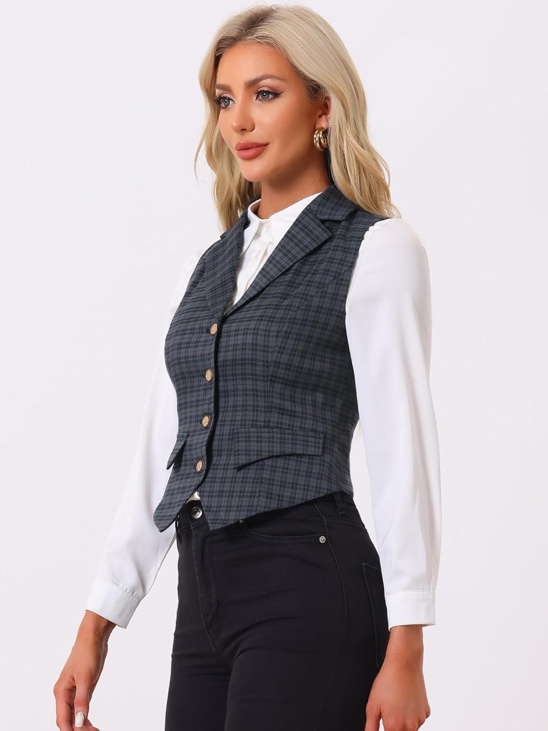 imageAllegra K Womens Plaid Waistcoat Notched Lapel Collar Single Breasted Vintage VestGrey Blue