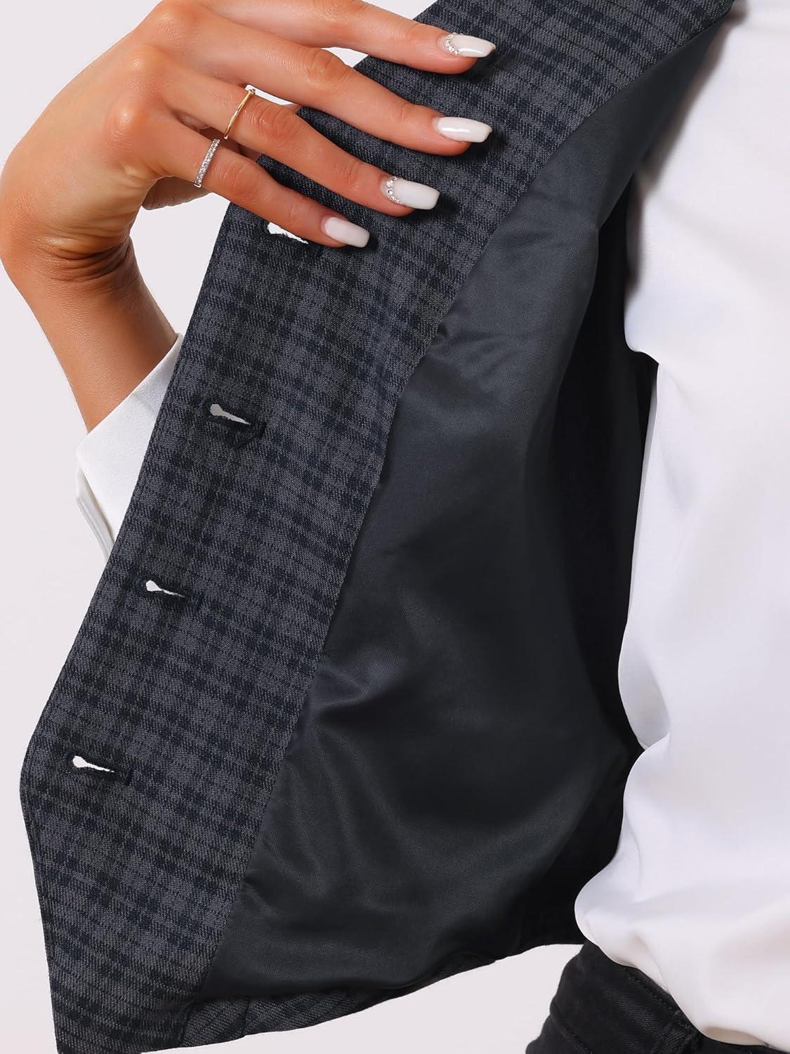 imageAllegra K Womens Plaid Waistcoat Notched Lapel Collar Single Breasted Vintage VestGrey Blue