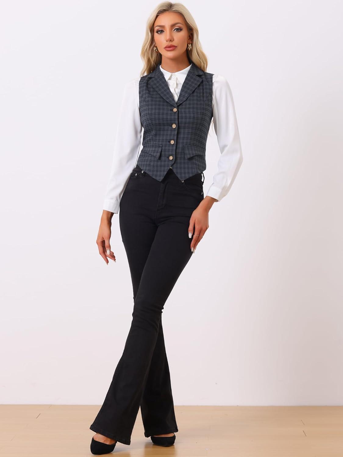 imageAllegra K Womens Plaid Waistcoat Notched Lapel Collar Single Breasted Vintage VestGrey Blue
