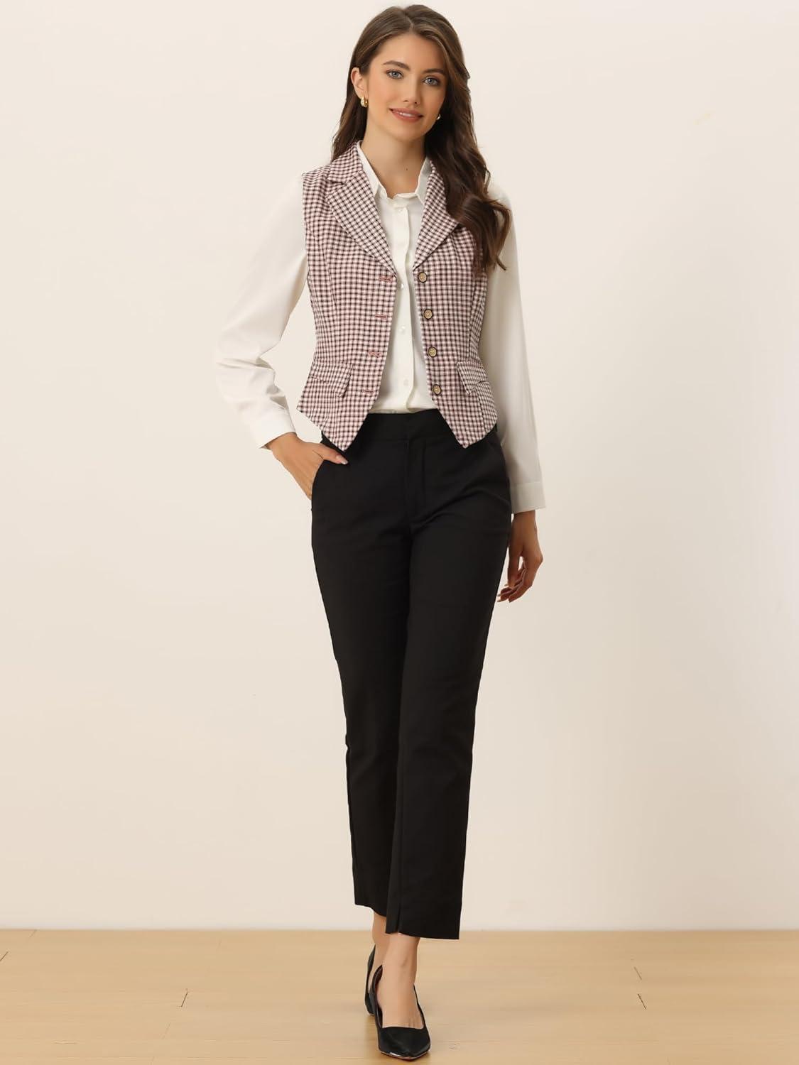 imageAllegra K Womens Plaid Waistcoat Notched Lapel Collar Single Breasted Vintage VestPink