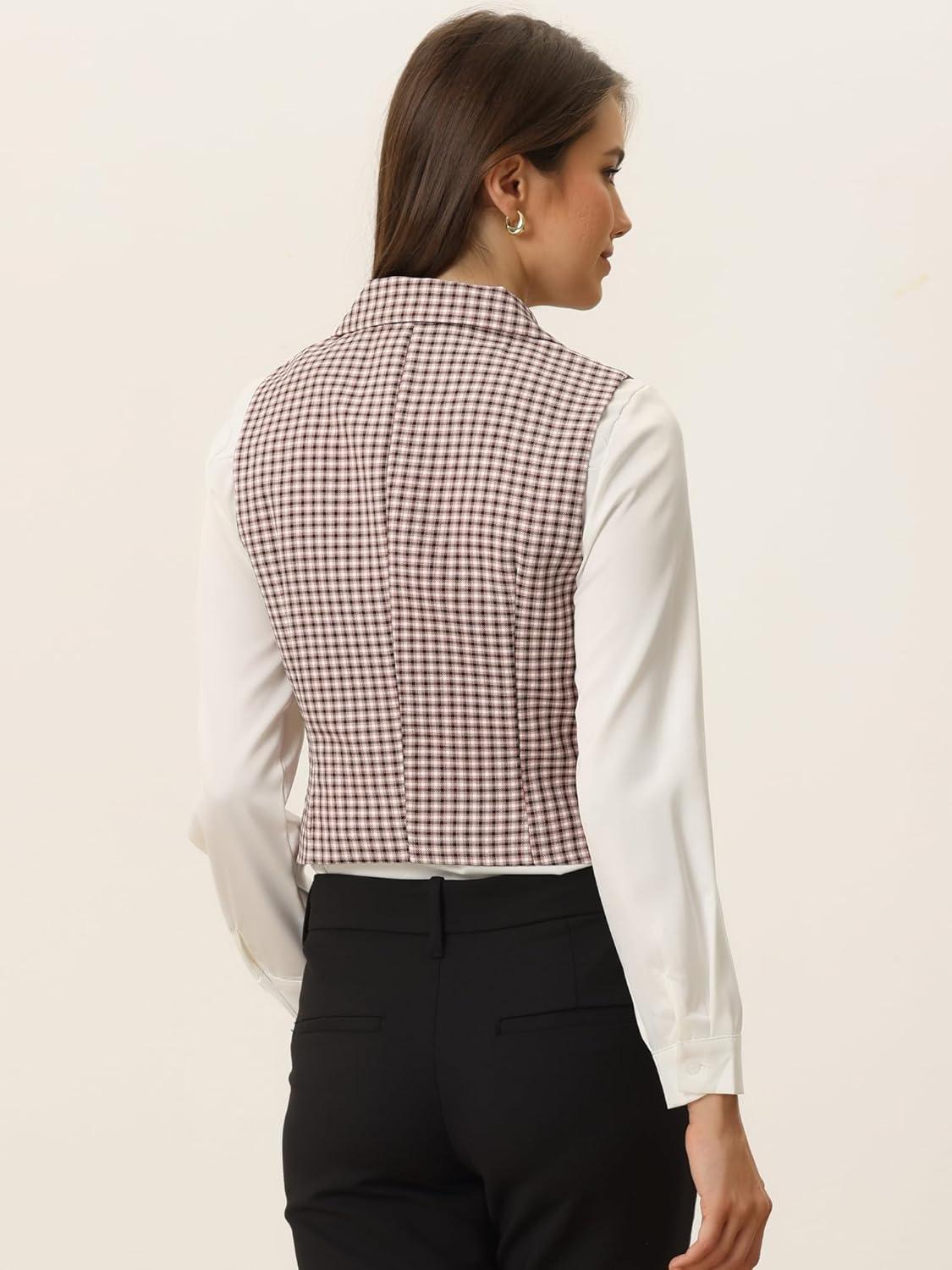 imageAllegra K Womens Plaid Waistcoat Notched Lapel Collar Single Breasted Vintage VestPink