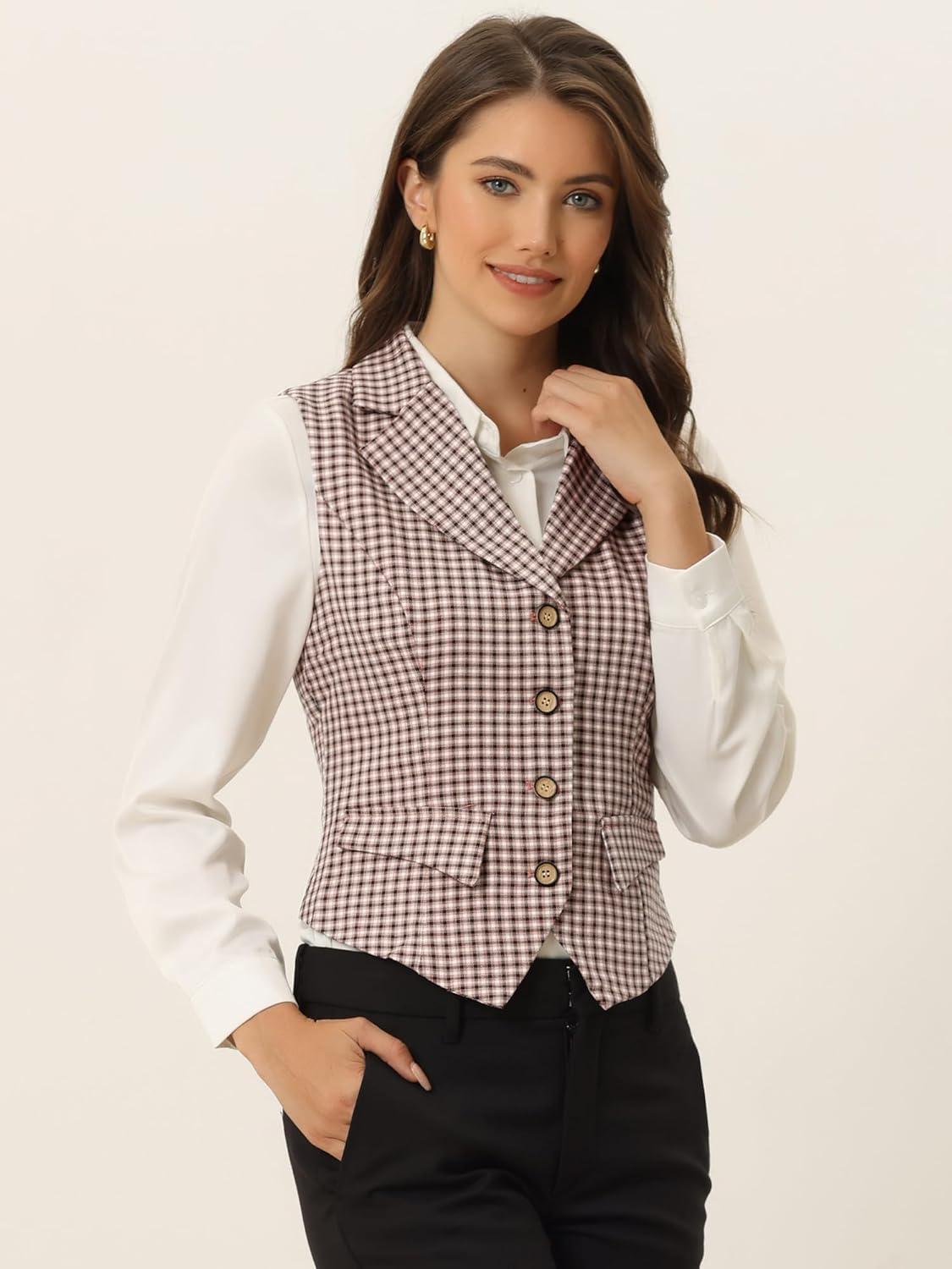 imageAllegra K Womens Plaid Waistcoat Notched Lapel Collar Single Breasted Vintage VestPink