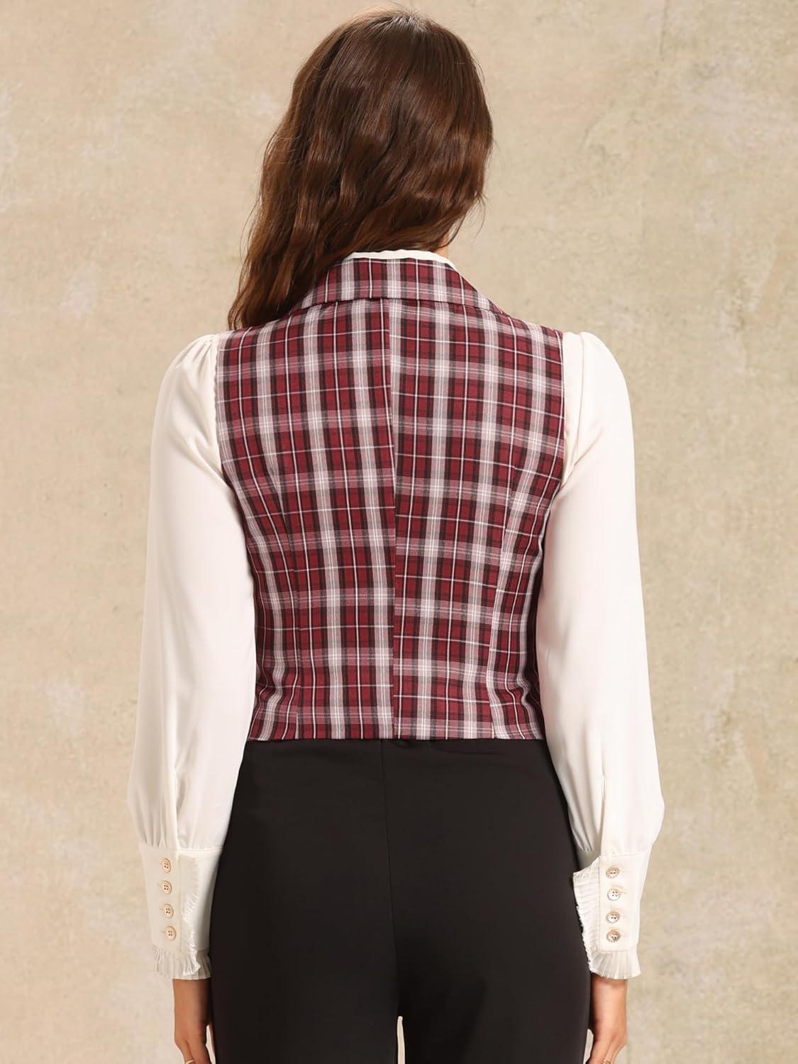imageAllegra K Womens Plaid Waistcoat Notched Lapel Collar Single Breasted Vintage VestRed