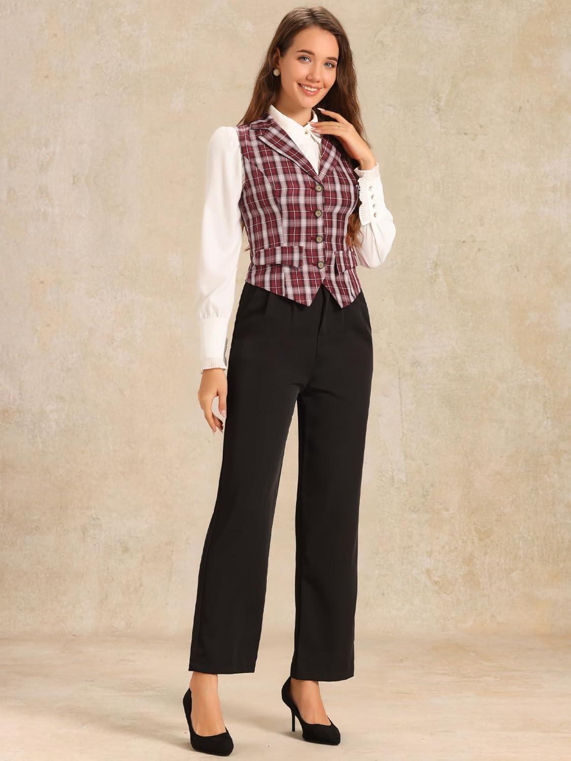 imageAllegra K Womens Plaid Waistcoat Notched Lapel Collar Single Breasted Vintage VestRed