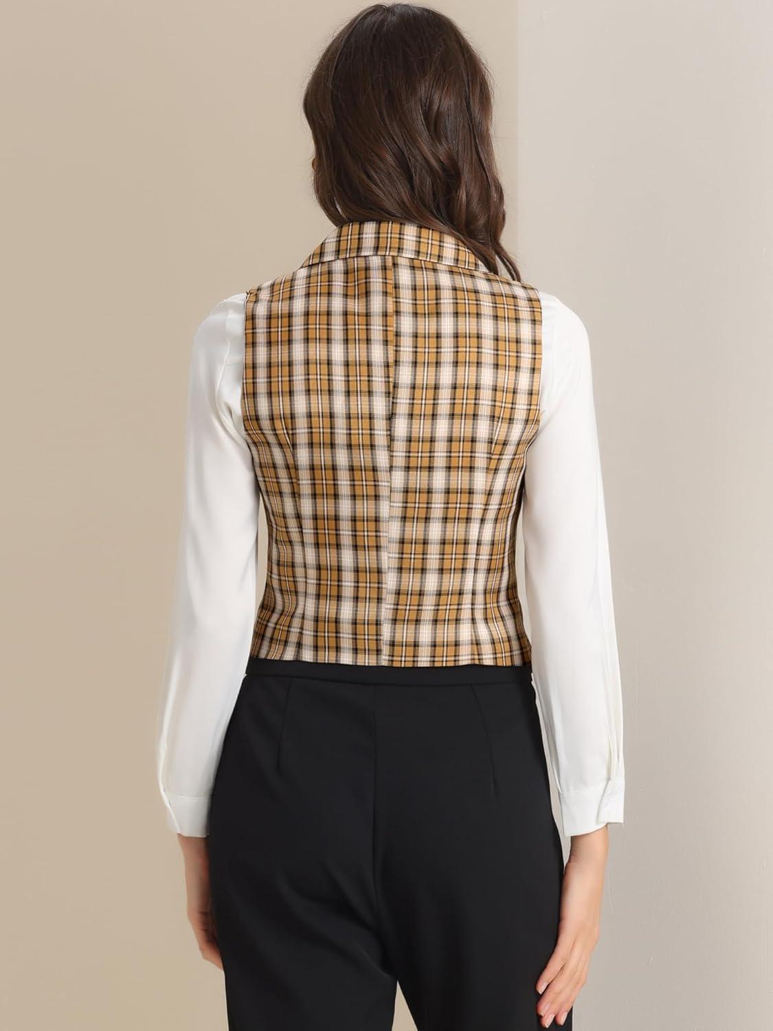 imageAllegra K Womens Plaid Waistcoat Notched Lapel Collar Single Breasted Vintage VestYellow