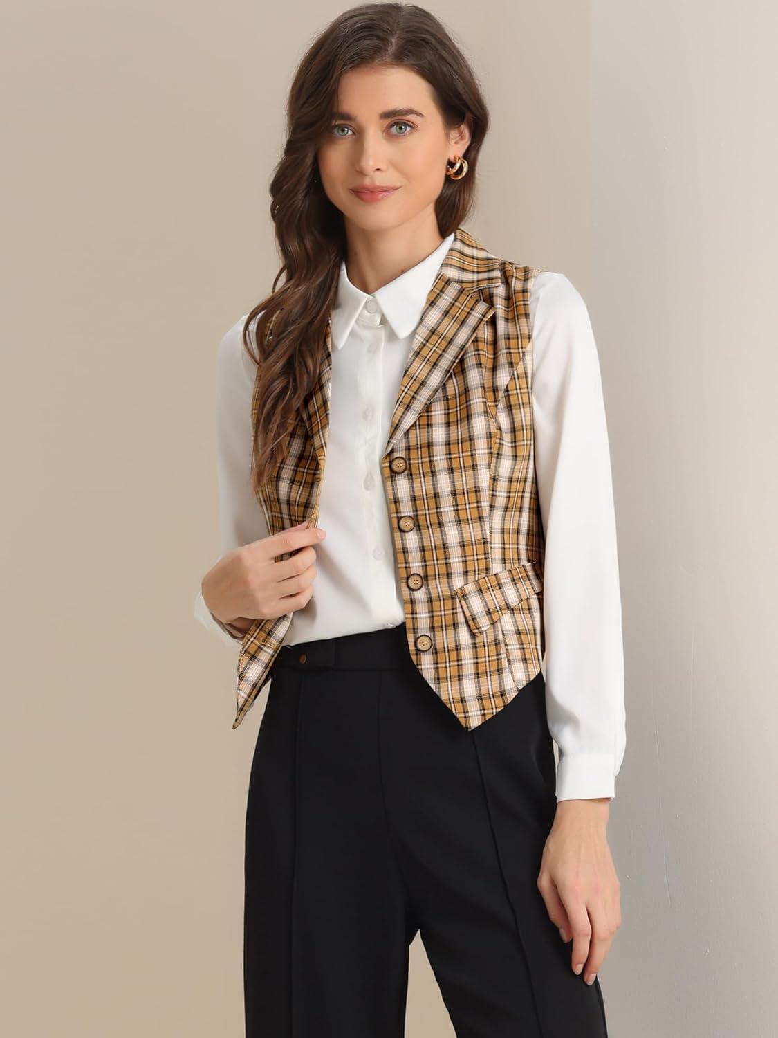 imageAllegra K Womens Plaid Waistcoat Notched Lapel Collar Single Breasted Vintage VestYellow