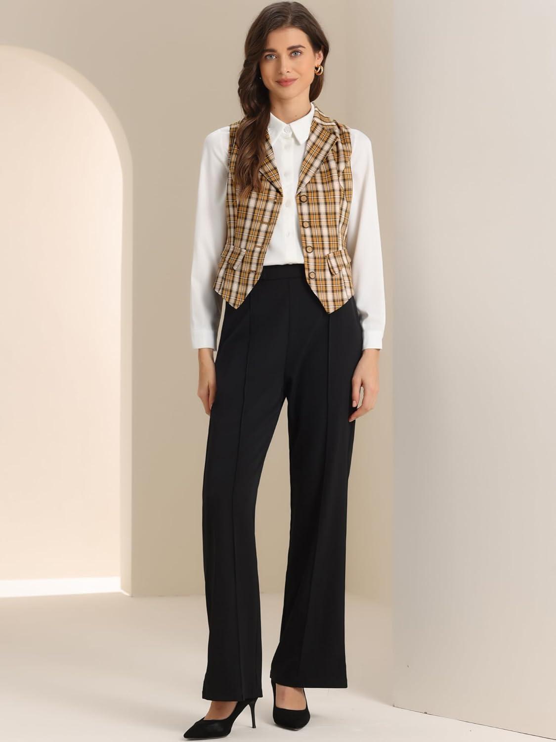 imageAllegra K Womens Plaid Waistcoat Notched Lapel Collar Single Breasted Vintage VestYellow