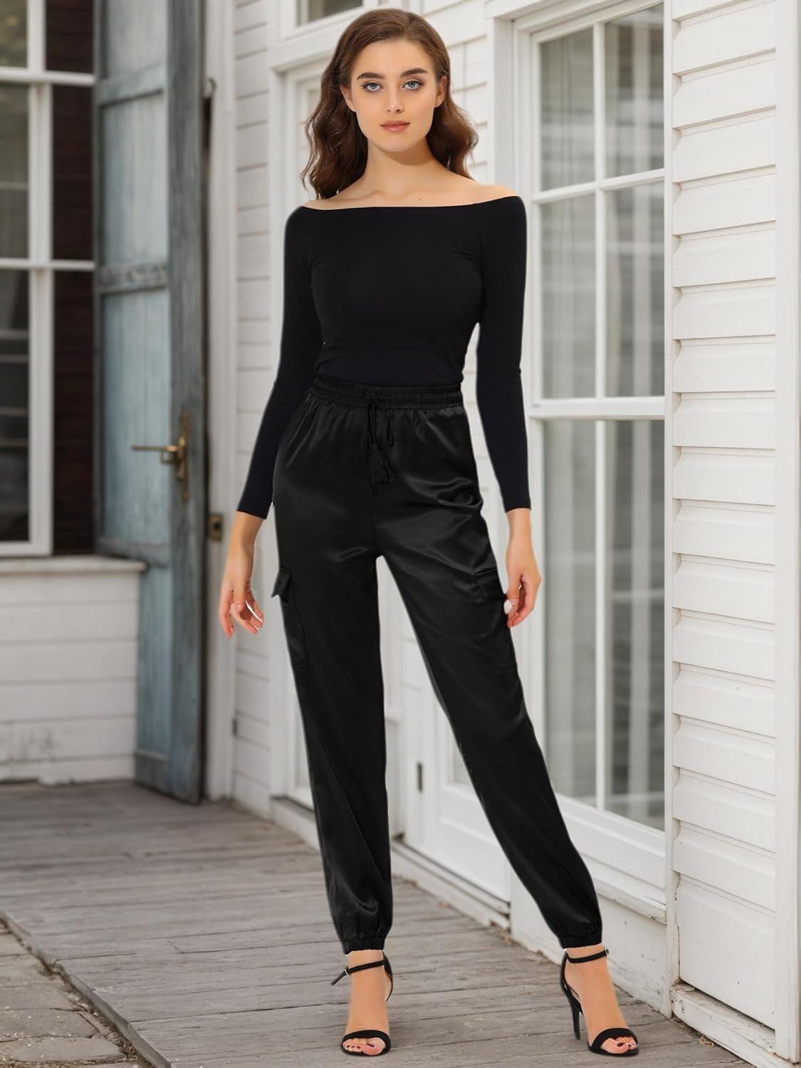 imageAllegra K Womens Satin Pants Tie Elastic High Waist Shiny Silky Dressy Satin Cargo JoggersBlack