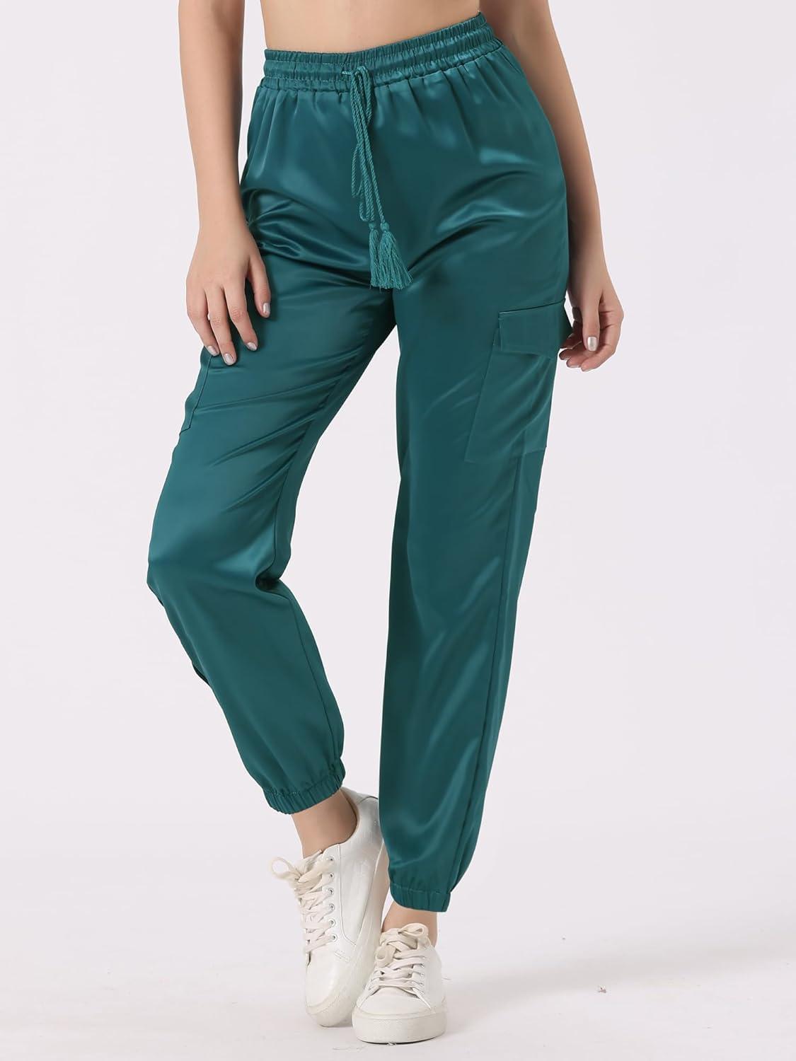 imageAllegra K Womens Satin Pants Tie Elastic High Waist Shiny Silky Dressy Satin Cargo JoggersBluegreen