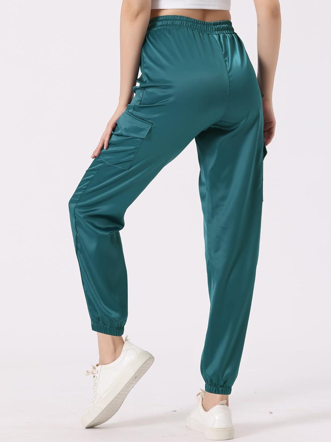 imageAllegra K Womens Satin Pants Tie Elastic High Waist Shiny Silky Dressy Satin Cargo JoggersBluegreen