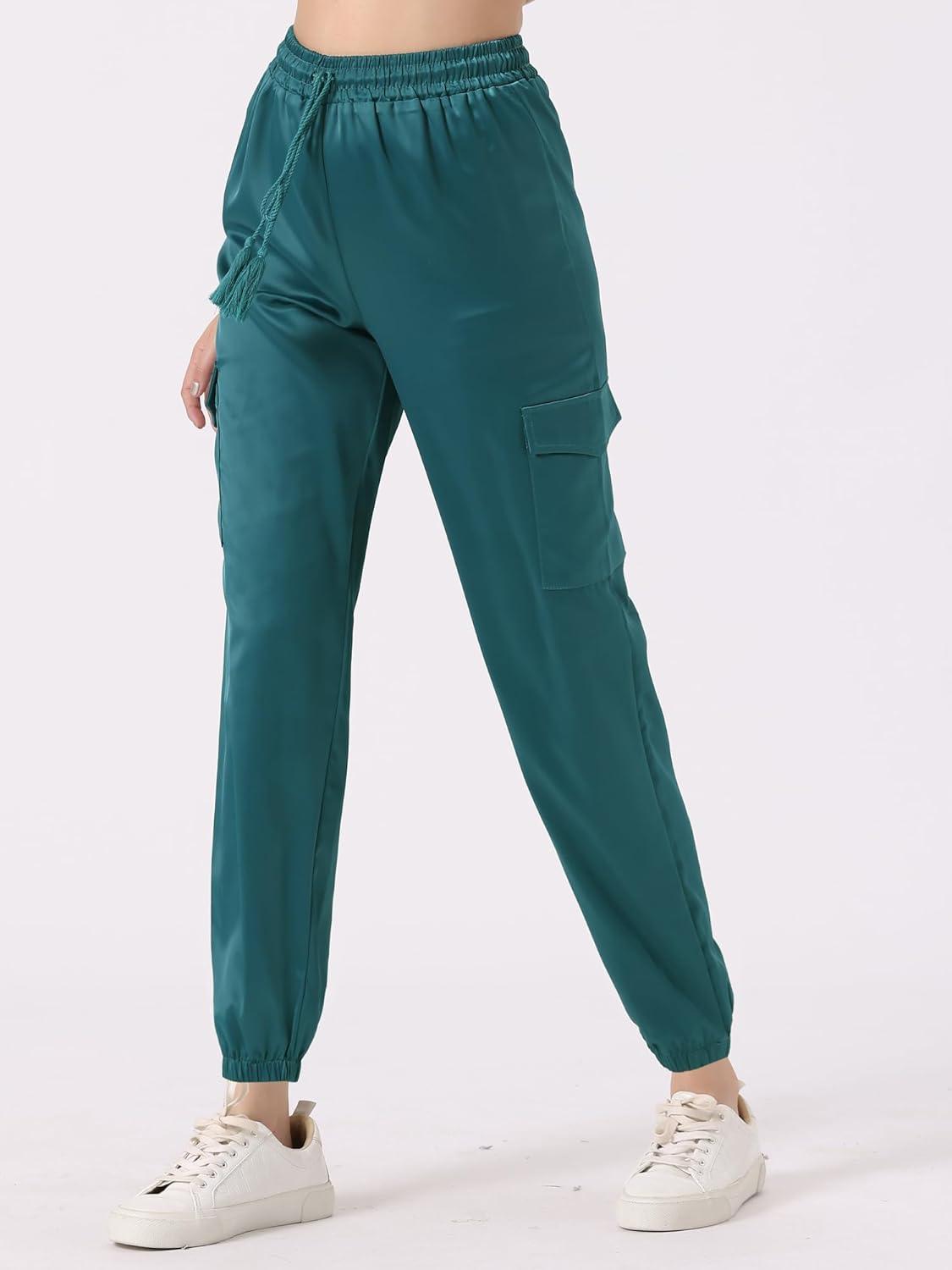 imageAllegra K Womens Satin Pants Tie Elastic High Waist Shiny Silky Dressy Satin Cargo JoggersBluegreen