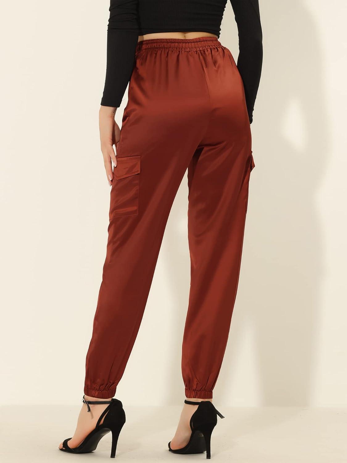 imageAllegra K Womens Satin Pants Tie Elastic High Waist Shiny Silky Dressy Satin Cargo JoggersBrown
