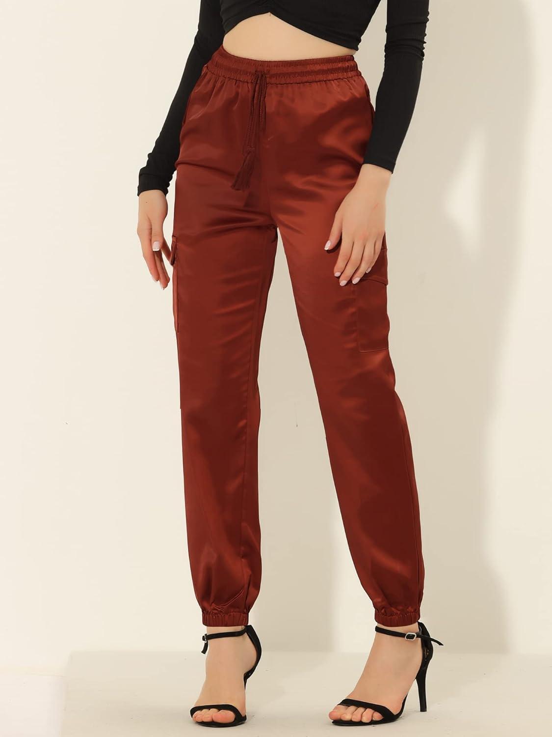 imageAllegra K Womens Satin Pants Tie Elastic High Waist Shiny Silky Dressy Satin Cargo JoggersBrown