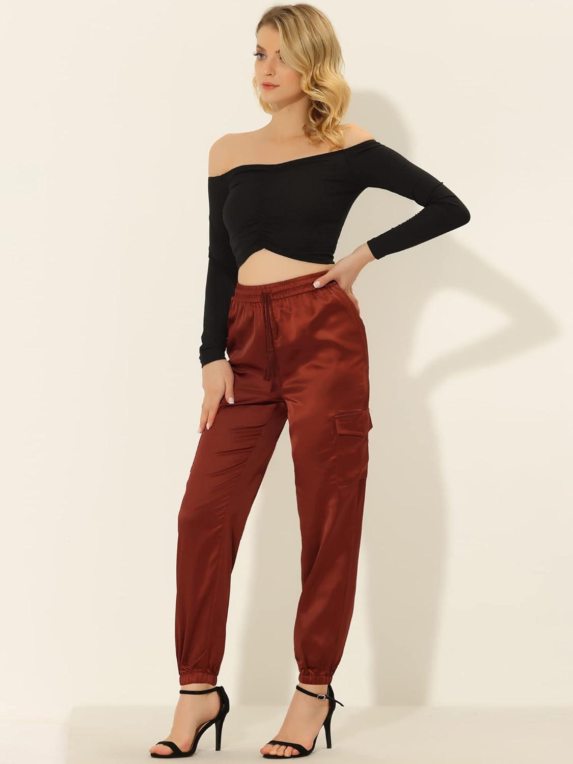 imageAllegra K Womens Satin Pants Tie Elastic High Waist Shiny Silky Dressy Satin Cargo JoggersBrown