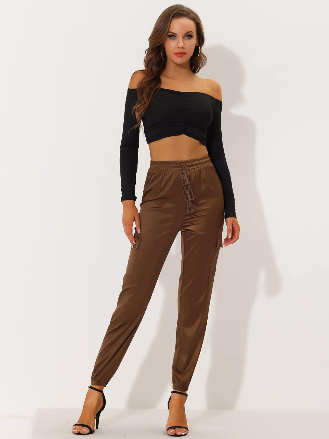 imageAllegra K Womens Satin Pants Tie Elastic High Waist Shiny Silky Dressy Satin Cargo JoggersCoffee