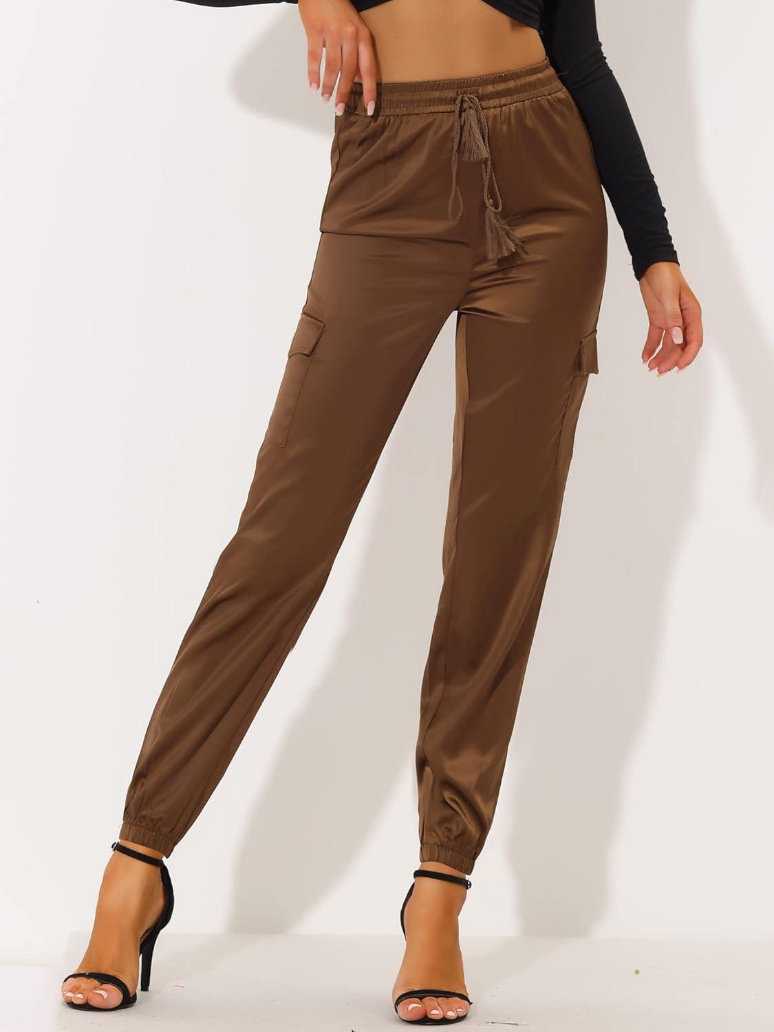 imageAllegra K Womens Satin Pants Tie Elastic High Waist Shiny Silky Dressy Satin Cargo JoggersCoffee