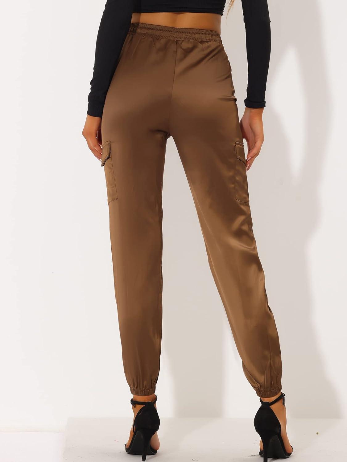 imageAllegra K Womens Satin Pants Tie Elastic High Waist Shiny Silky Dressy Satin Cargo JoggersCoffee
