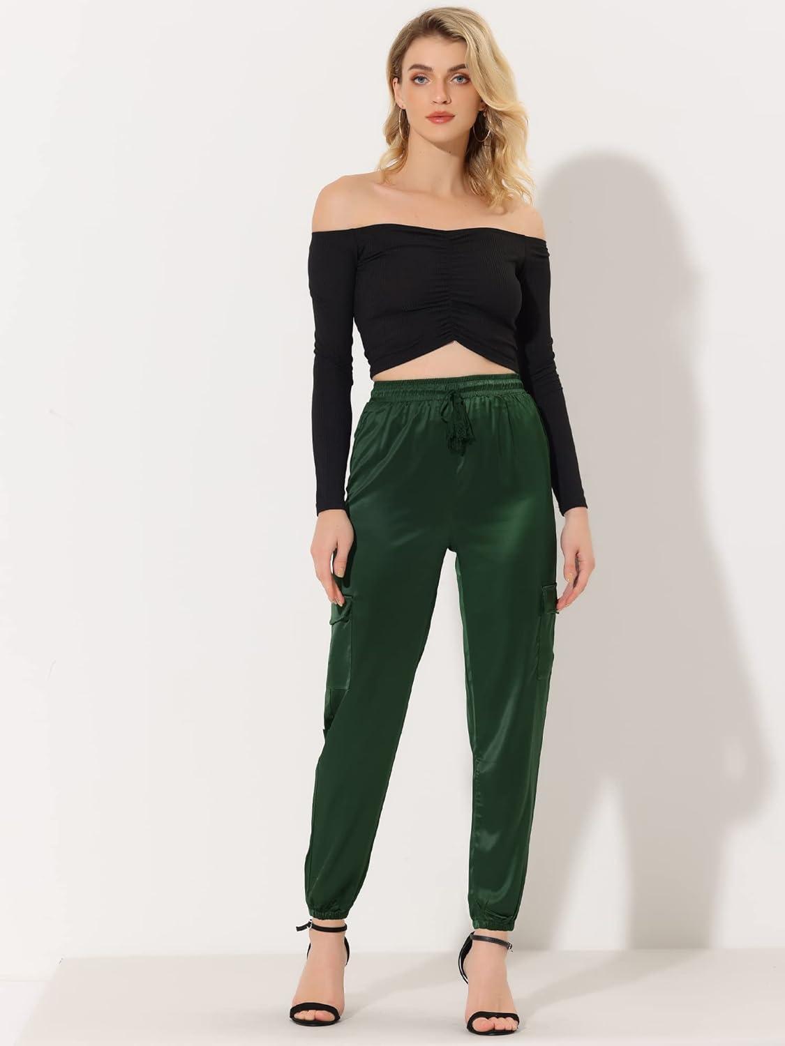 imageAllegra K Womens Satin Pants Tie Elastic High Waist Shiny Silky Dressy Satin Cargo JoggersDark Green
