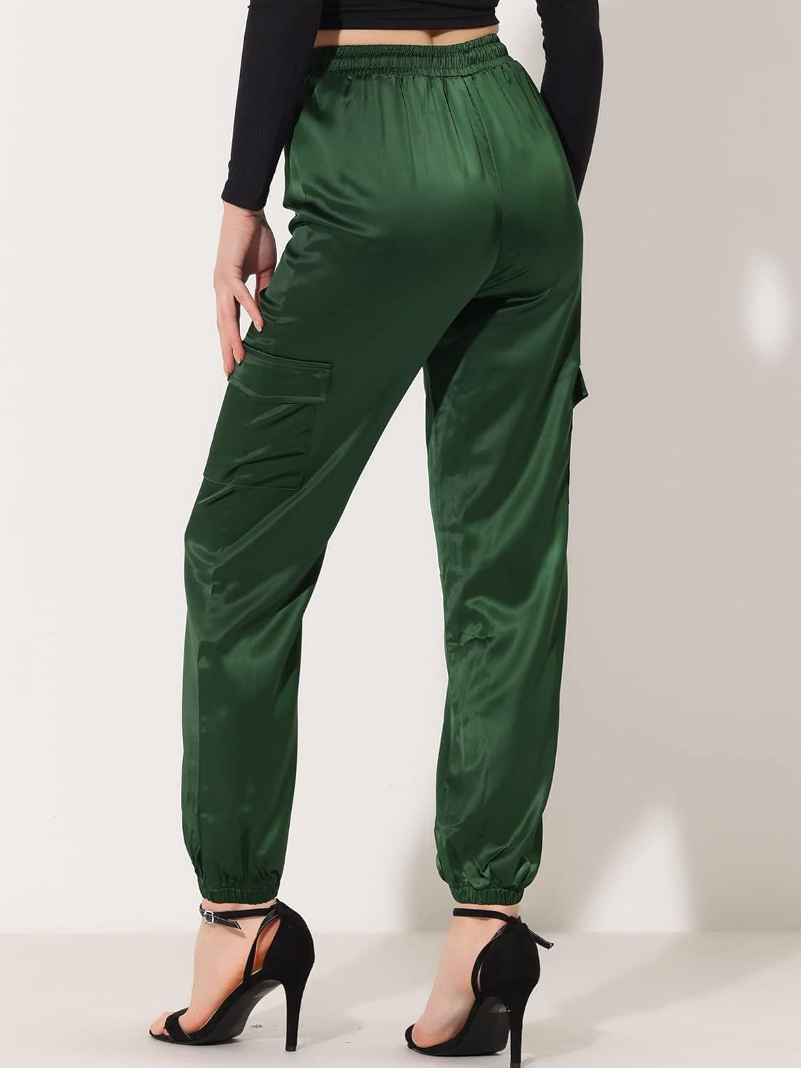 imageAllegra K Womens Satin Pants Tie Elastic High Waist Shiny Silky Dressy Satin Cargo JoggersDark Green