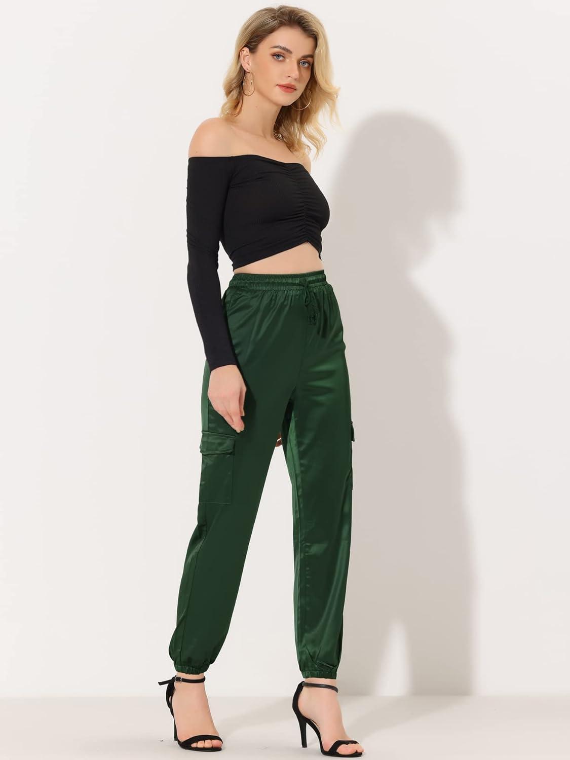 imageAllegra K Womens Satin Pants Tie Elastic High Waist Shiny Silky Dressy Satin Cargo JoggersDark Green