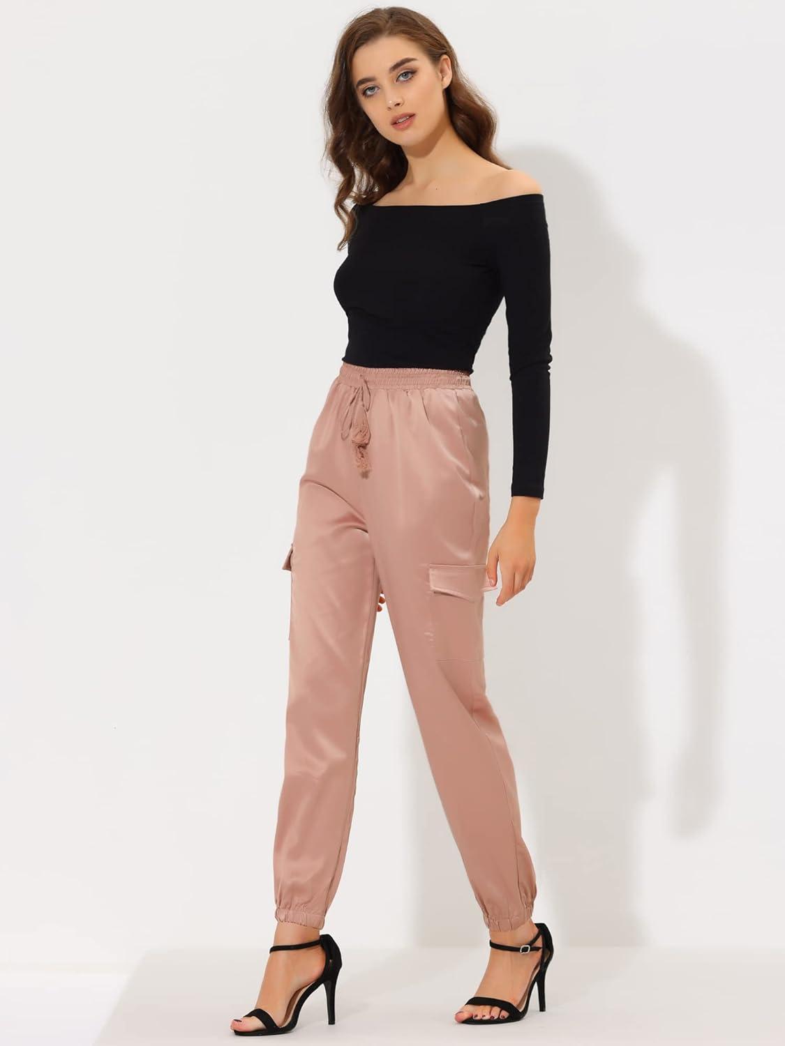 imageAllegra K Womens Satin Pants Tie Elastic High Waist Shiny Silky Dressy Satin Cargo JoggersGraypink