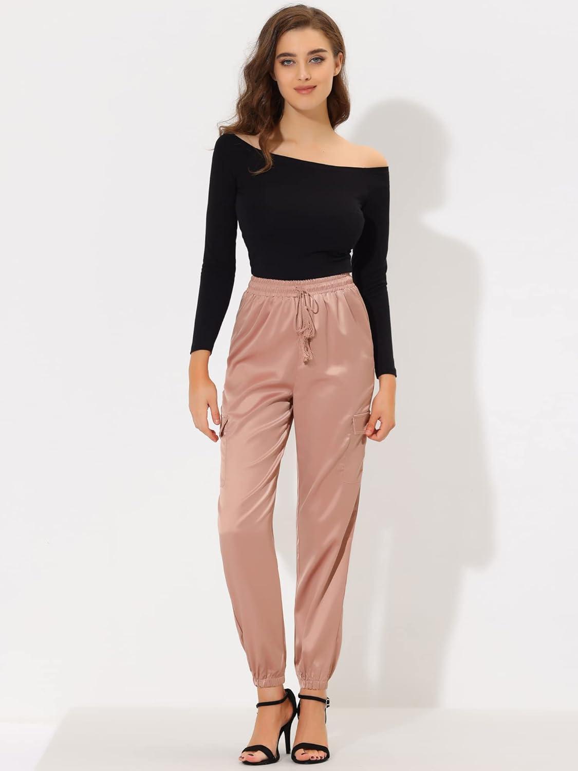 imageAllegra K Womens Satin Pants Tie Elastic High Waist Shiny Silky Dressy Satin Cargo JoggersGraypink