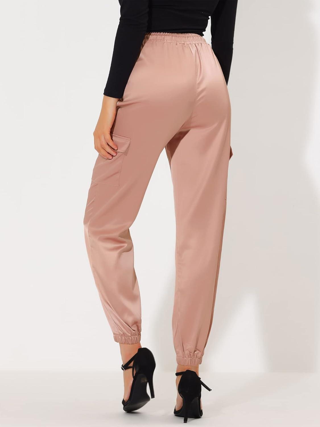 imageAllegra K Womens Satin Pants Tie Elastic High Waist Shiny Silky Dressy Satin Cargo JoggersGraypink