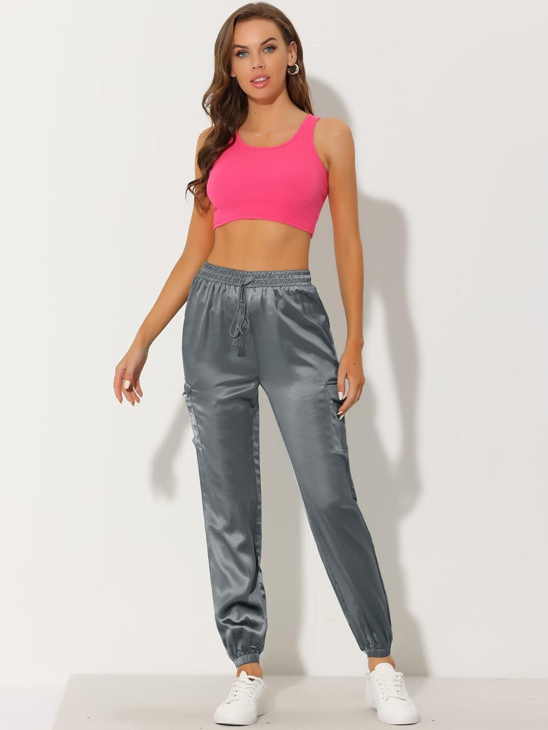 imageAllegra K Womens Satin Pants Tie Elastic High Waist Shiny Silky Dressy Satin Cargo JoggersGrey