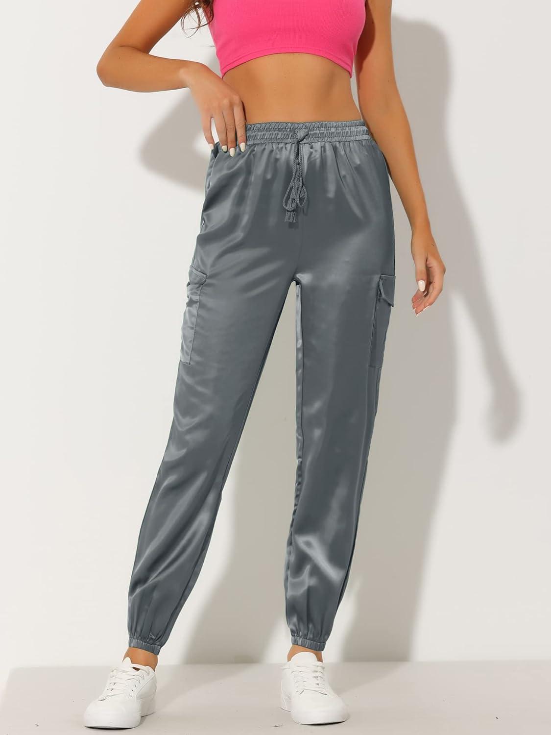 imageAllegra K Womens Satin Pants Tie Elastic High Waist Shiny Silky Dressy Satin Cargo JoggersGrey